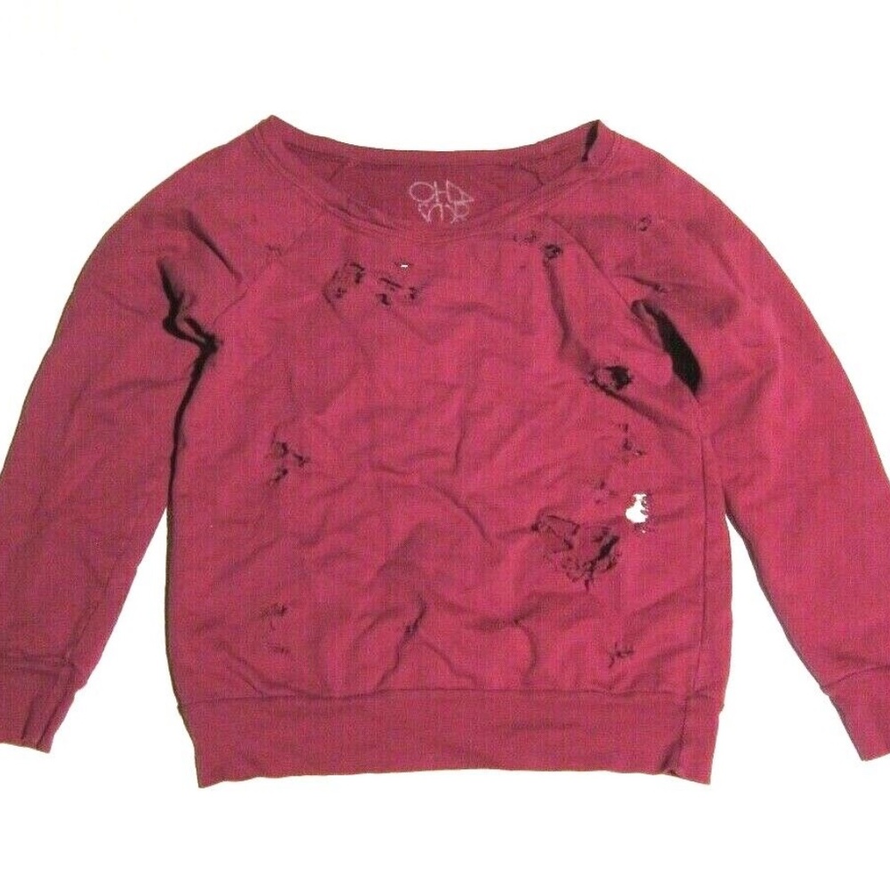 CHASER Distressed Crew Neck Sweatshirt in Magenta Pink sz S